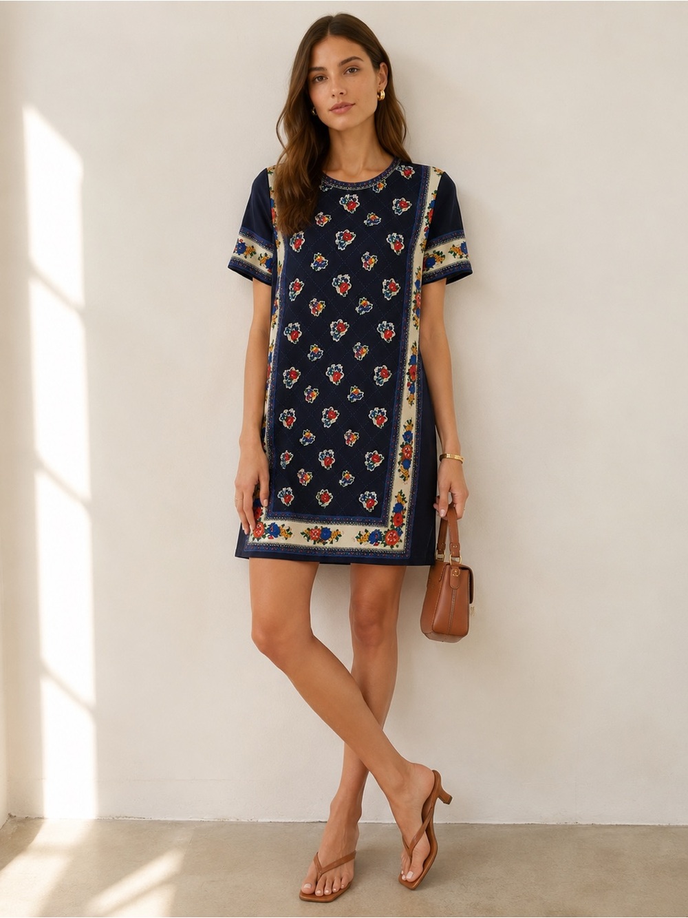 Tory Burch Printed Pima Cotton Floral T-Shirt Dress Navy Size S